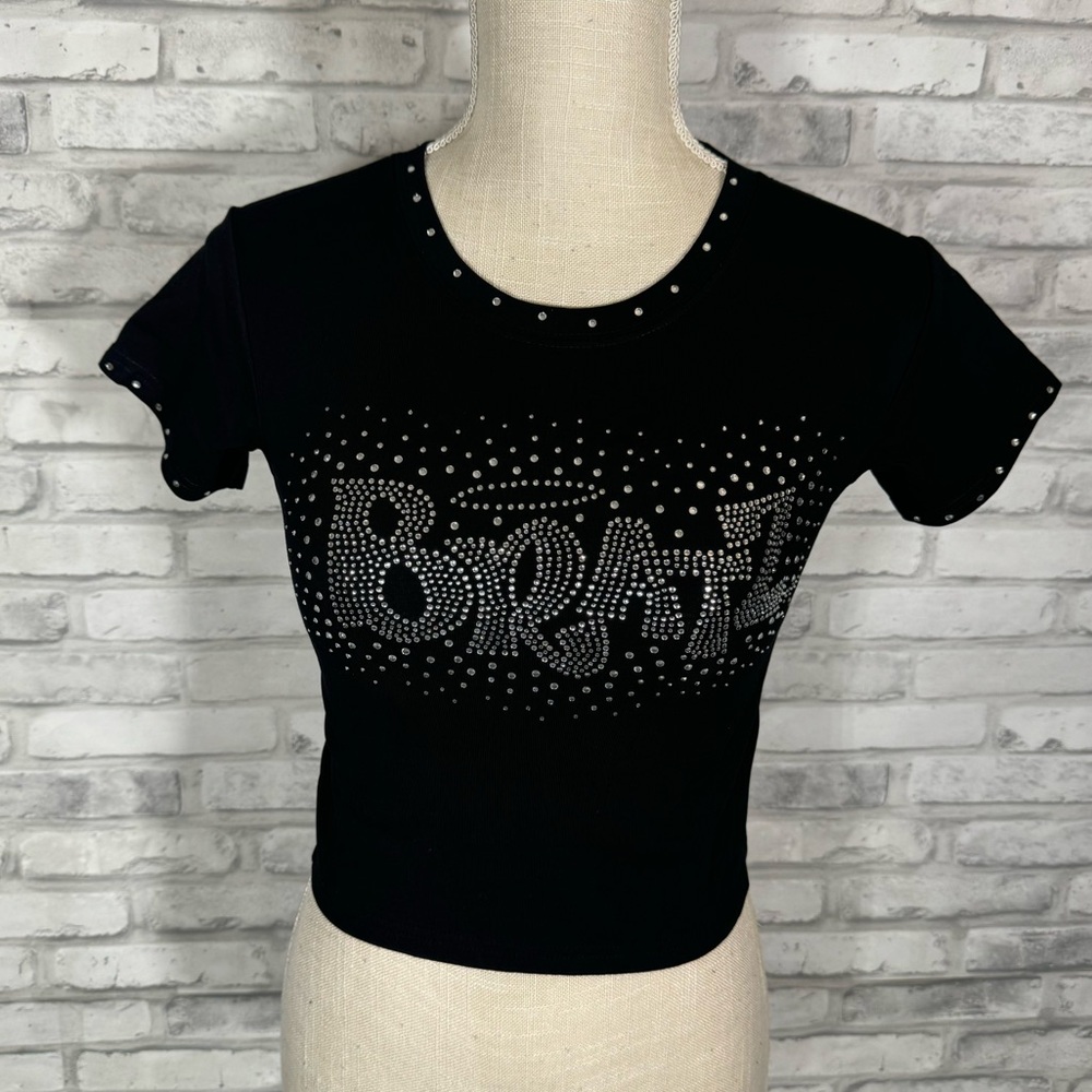 Dolls Kill x Bratz Black Shining Moment Rhinestone Baby Tee Crop Top